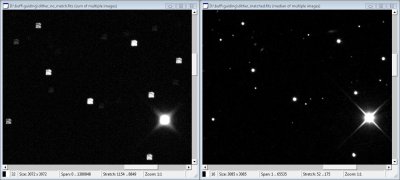 Effect of regular dithering on stacked images without matching (left) and after matching (right)