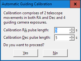 Dialog box opened prior to guider camera calibration sequence