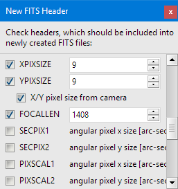 Nstroj New FITS Header dovoluje definici rozmr pixelu a ohniskov vzdlenosti