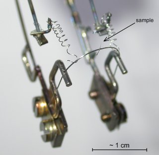 The sample holder with tungsten tip prepared for experiment