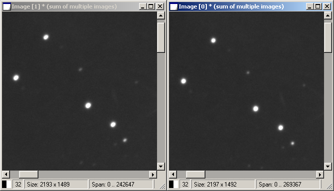 The same image stacked without rotation (left) and with rotation enabled (right)