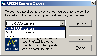 Camera choosing dialog box with ASCOM drivers available
