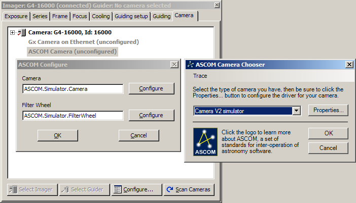 ASCOM Camera and ASCOM Filter Wheel configuration