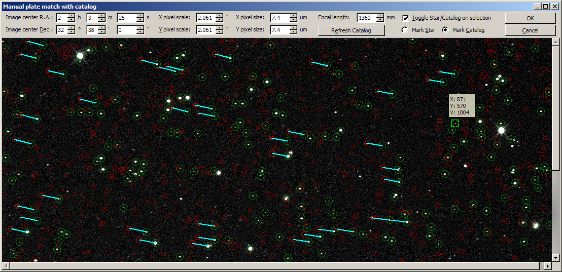 Okno manulnho sesazen snmku skatalogem nstroje Astrometry