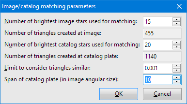 Dialogov okno Image/catalog matching parameters dovoluje definici rozsahu prohledvan oblasti katalogu