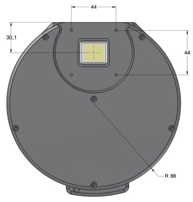 G2 camera with XS External Filter Wheel front view dimensions