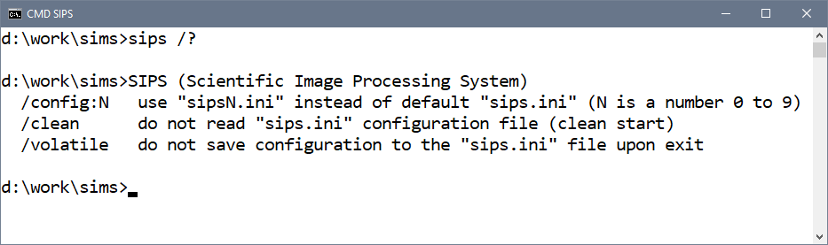 Running SIPS with the /? command line parameter shows all available command-line options