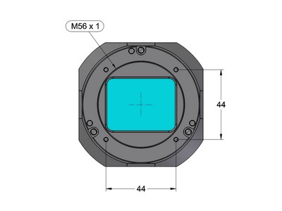 Čelní pohled na hlavu kamery C1× se seřiditelným adaptérem s vnitřním závitem M56 × 1 a čtyřmi závity M3