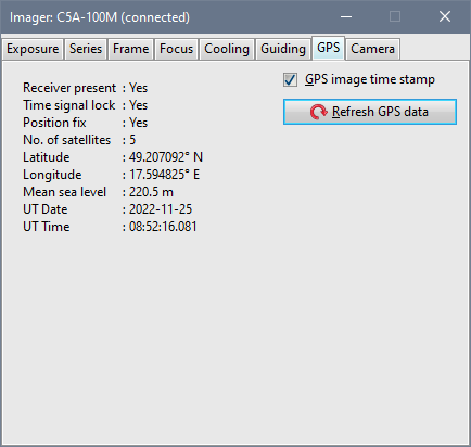 The GPS tab in the SIPS camera control tool window shows information about GPS receiver state