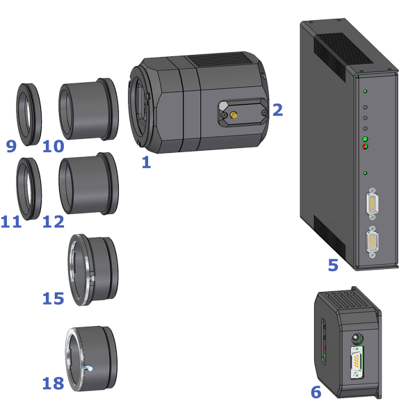 Schematic diagram of C1× camera M56 × 1 tiltable adapter and telescope adapters using this standard