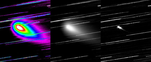 73/P in false colors (left) and in B&W palette (center). The median filter was applied to the right image.