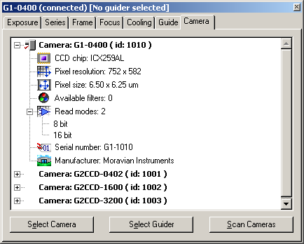 Okno CCD Camera programu SIPS dovoluje zvolit, kter zpipojench kamer bude zobrazovac a kter pointan