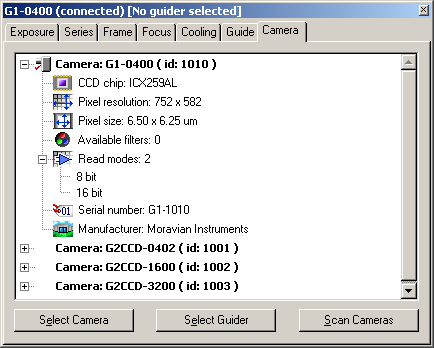 SIPS CCD Camera tool allows selection of any connected camera as imaging or guiding device