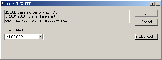 CCD setup window in the MaxIm DL program