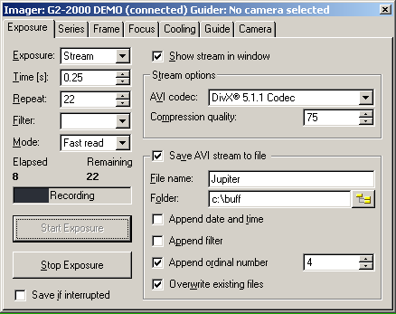 CCD Camera tool window in the AVI stream recording mode