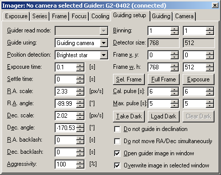 Guiding setup tab in the CCD Camera tool of SIMS software