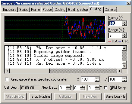 The Guiding tab of the SIMS CCD Camera tool window with guiding star coordinate controls