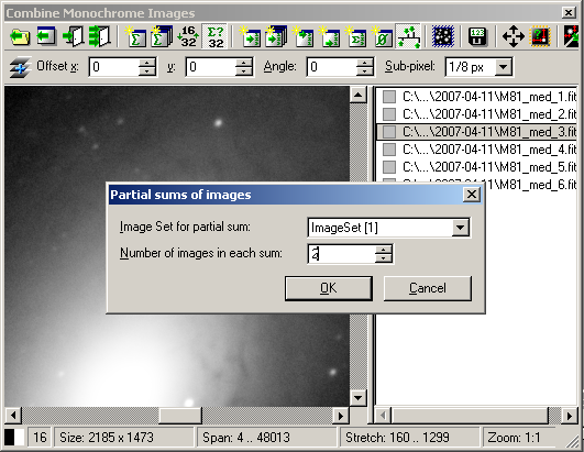 Dialog box for entering number of images in each partial sum/median of the Combine Monochrome Images tool