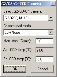 Dialogov okno nastaven parametr kamery zobrazuje aktuln teplotu CCD a tak obsahuje monost volby techo mdu