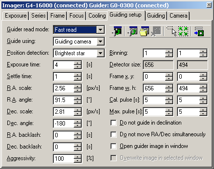 Guider setup tab of the SIPS CCD Camera control tool